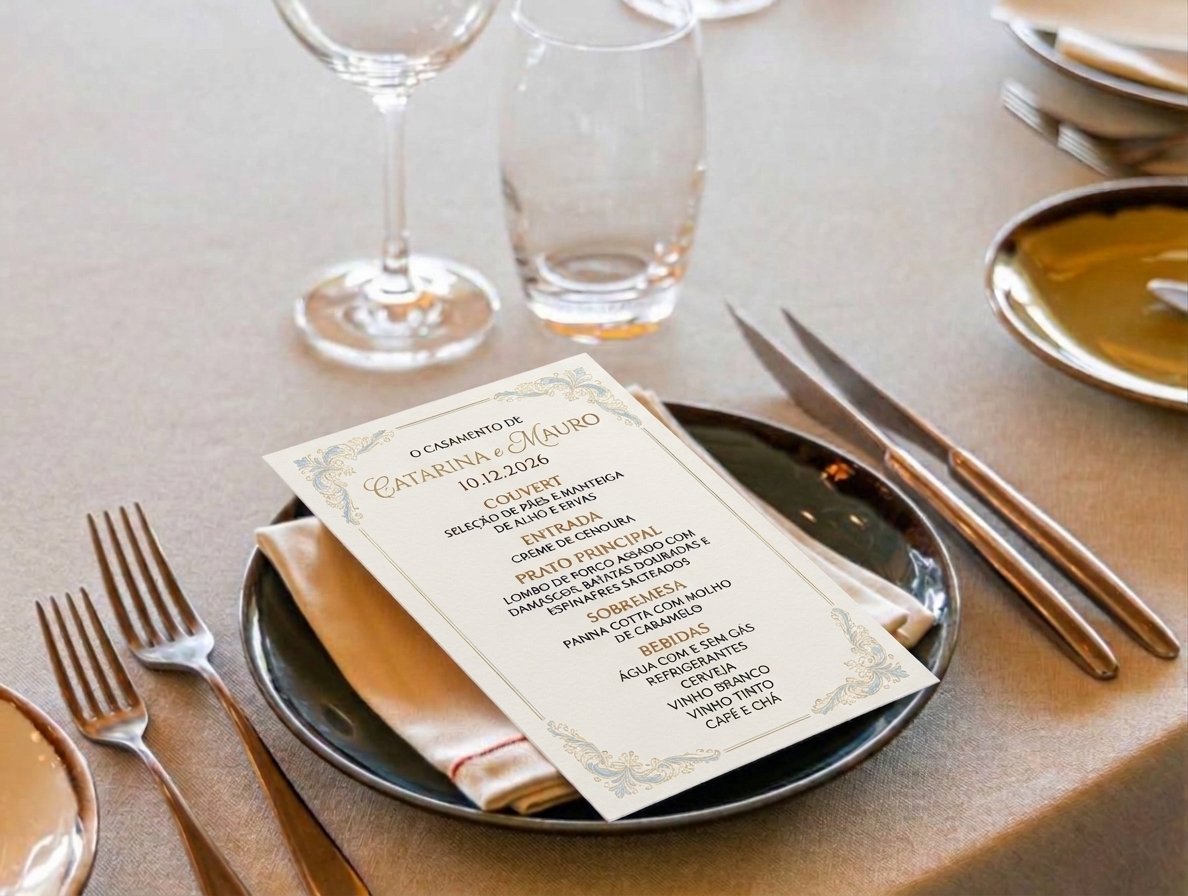 Menu de casamento sobre a mesa posta